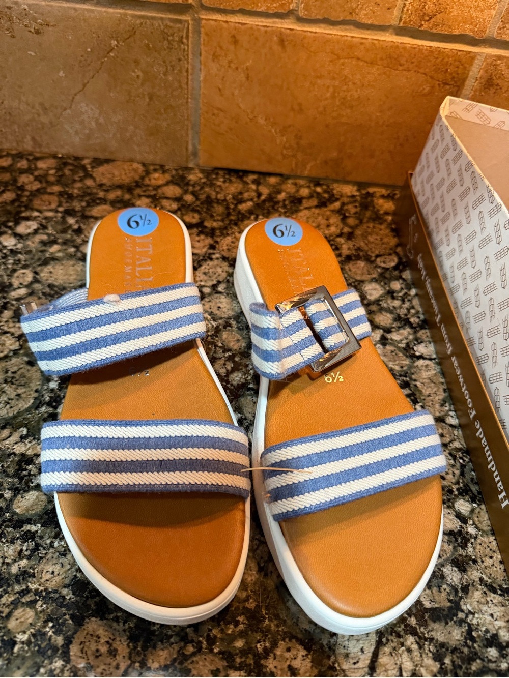 Striped Blue & White Slide Sandals for wome- Unbranded